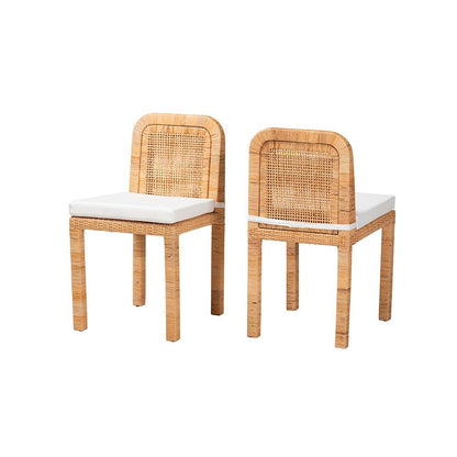 Bohemian Natural Brown Rattan and Mahogany Wood 2-Piece Dining Chair Set