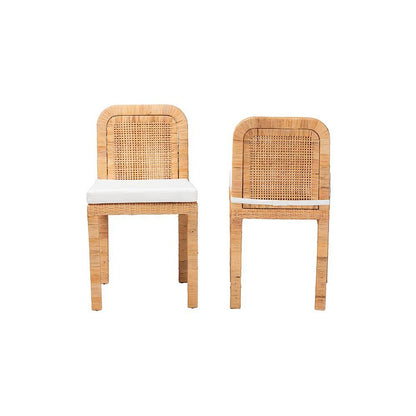 Bohemian Natural Brown Rattan and Mahogany Wood 2-Piece Dining Chair Set