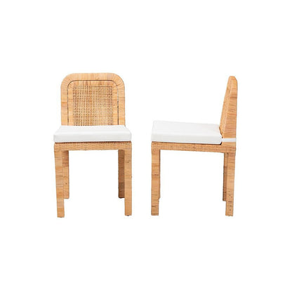 Bohemian Natural Brown Rattan and Mahogany Wood 2-Piece Dining Chair Set