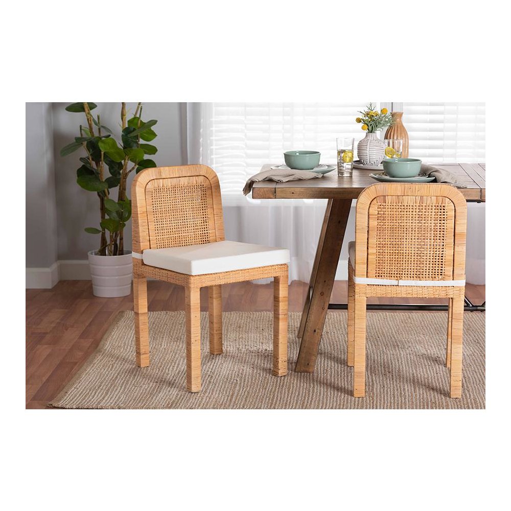 Bohemian Natural Brown Rattan and Mahogany Wood 2-Piece Dining Chair Set