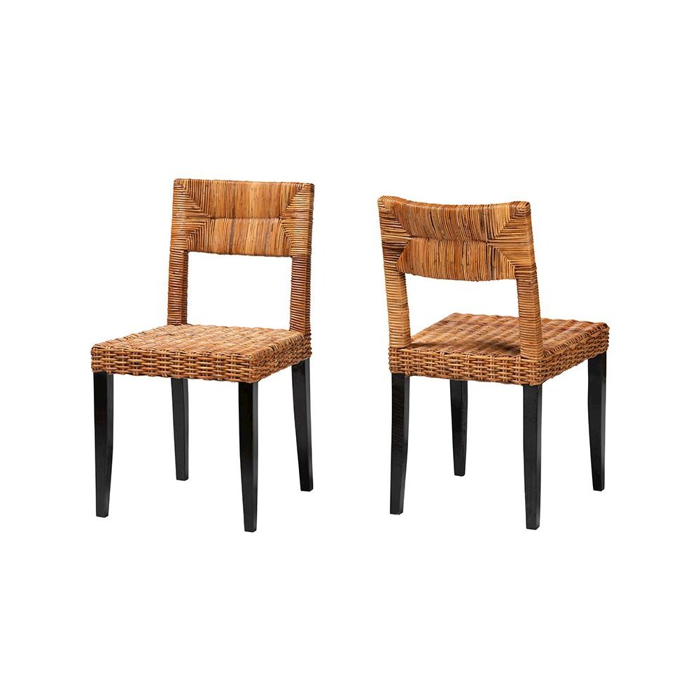 Bohemian Dark Brown Finished Wood and Natural Rattan 2-Piece Dining Chair Set