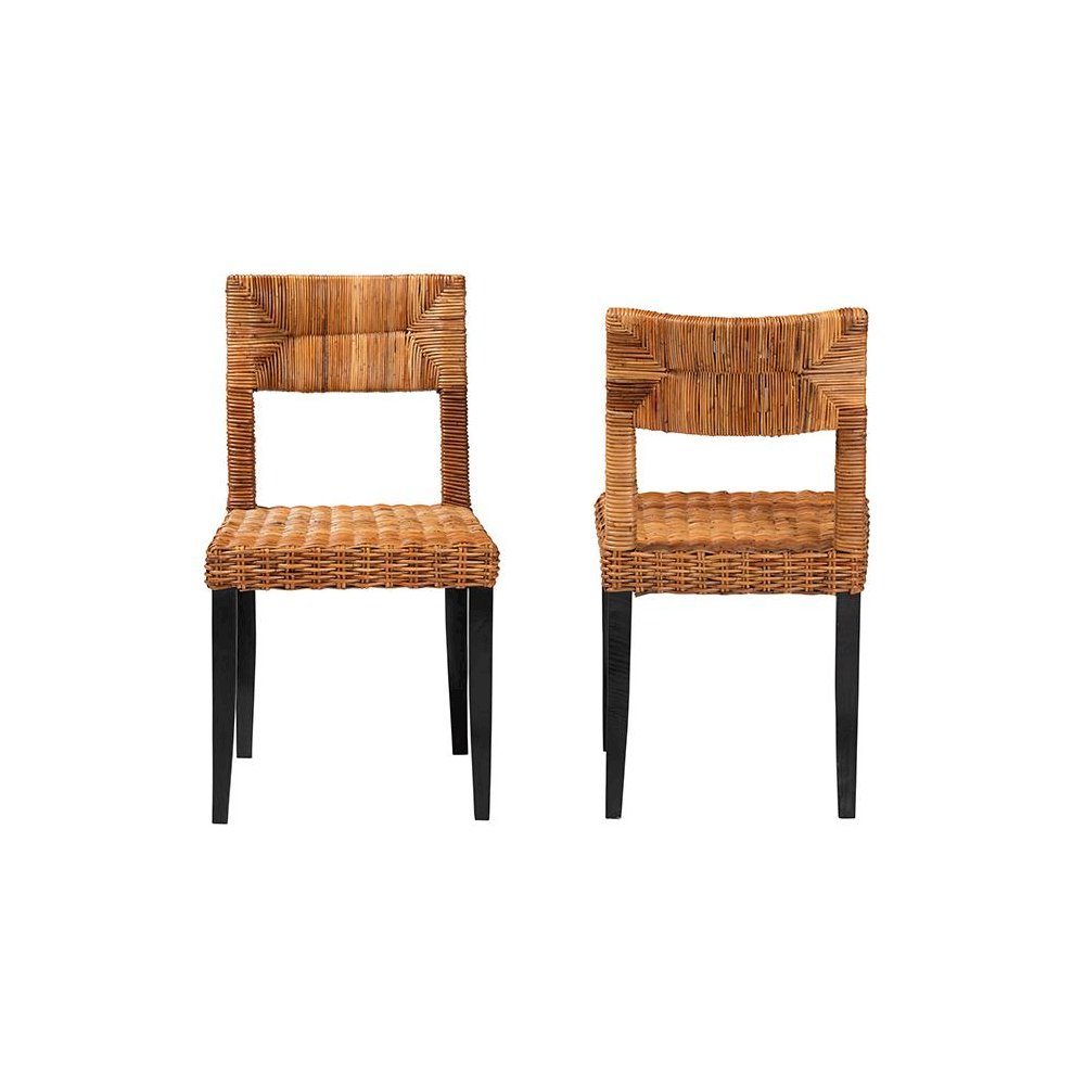 Bohemian Dark Brown Finished Wood and Natural Rattan 2-Piece Dining Chair Set