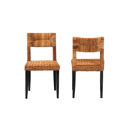 Bohemian Dark Brown Finished Wood and Natural Rattan 2-Piece Dining Chair Set