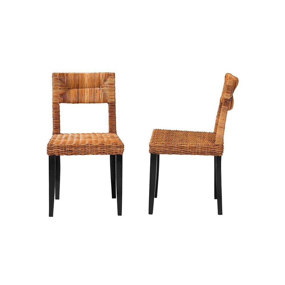 Bohemian Dark Brown Finished Wood and Natural Rattan 2-Piece Dining Chair Set