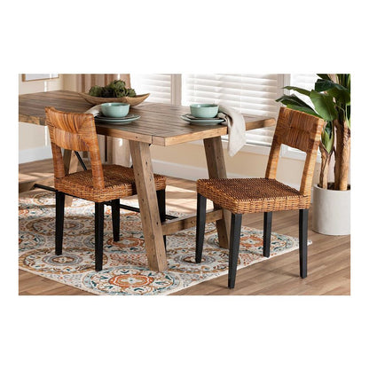 Bohemian Dark Brown Finished Wood and Natural Rattan 2-Piece Dining Chair Set