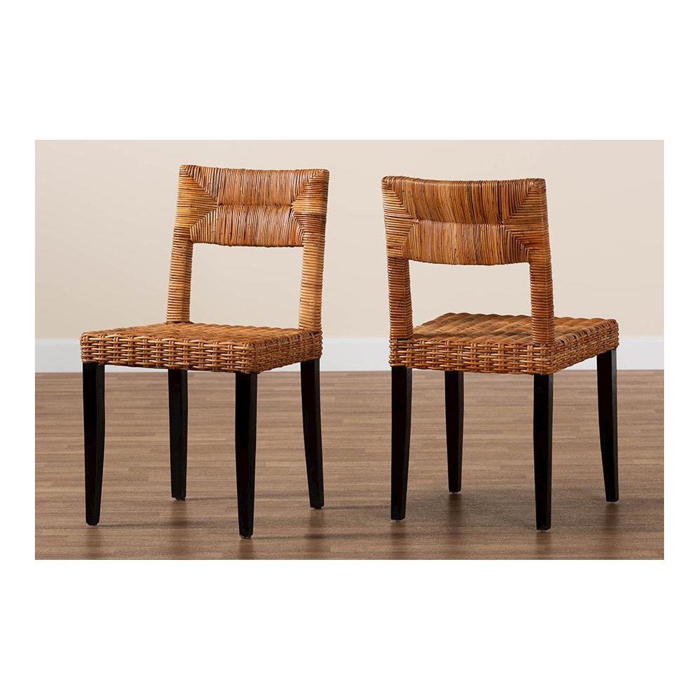Bohemian Dark Brown Finished Wood and Natural Rattan 2-Piece Dining Chair Set