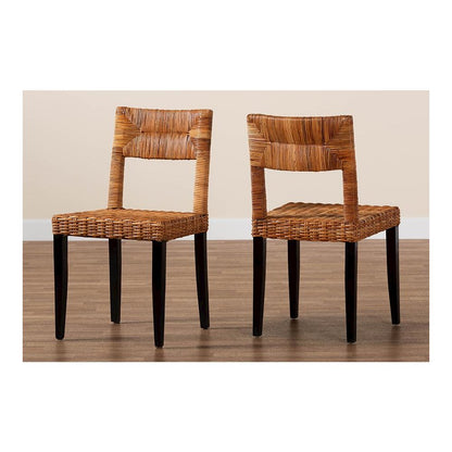 Bohemian Dark Brown Finished Wood and Natural Rattan 2-Piece Dining Chair Set