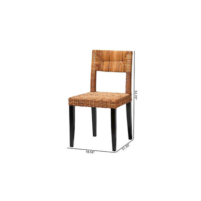 Bohemian Dark Brown Finished Wood and Natural Rattan 2-Piece Dining Chair Set