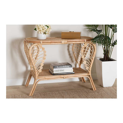 bali & pari Bastet Modern Bohemian Natural Brown Rattan 2-Tier Console Table