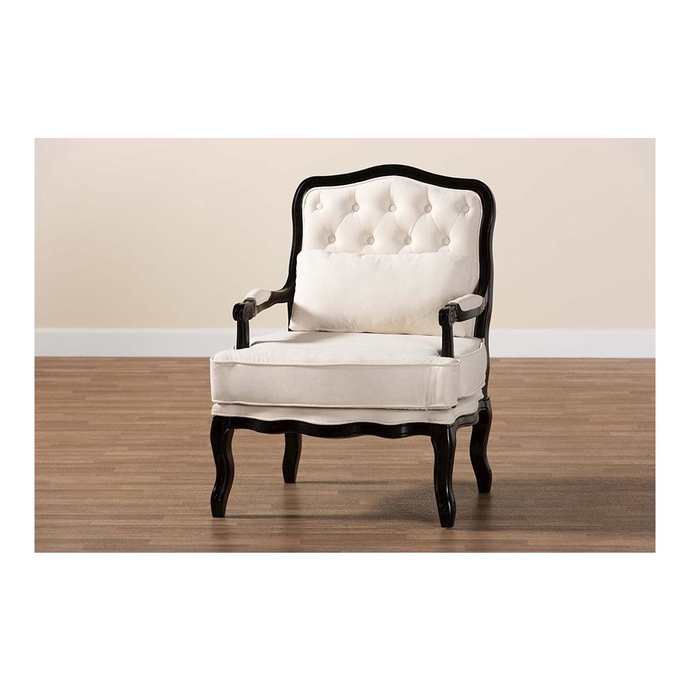 Dion Traditional French Cream Fabric and Wenge Brown Finished Wood Accent Chair