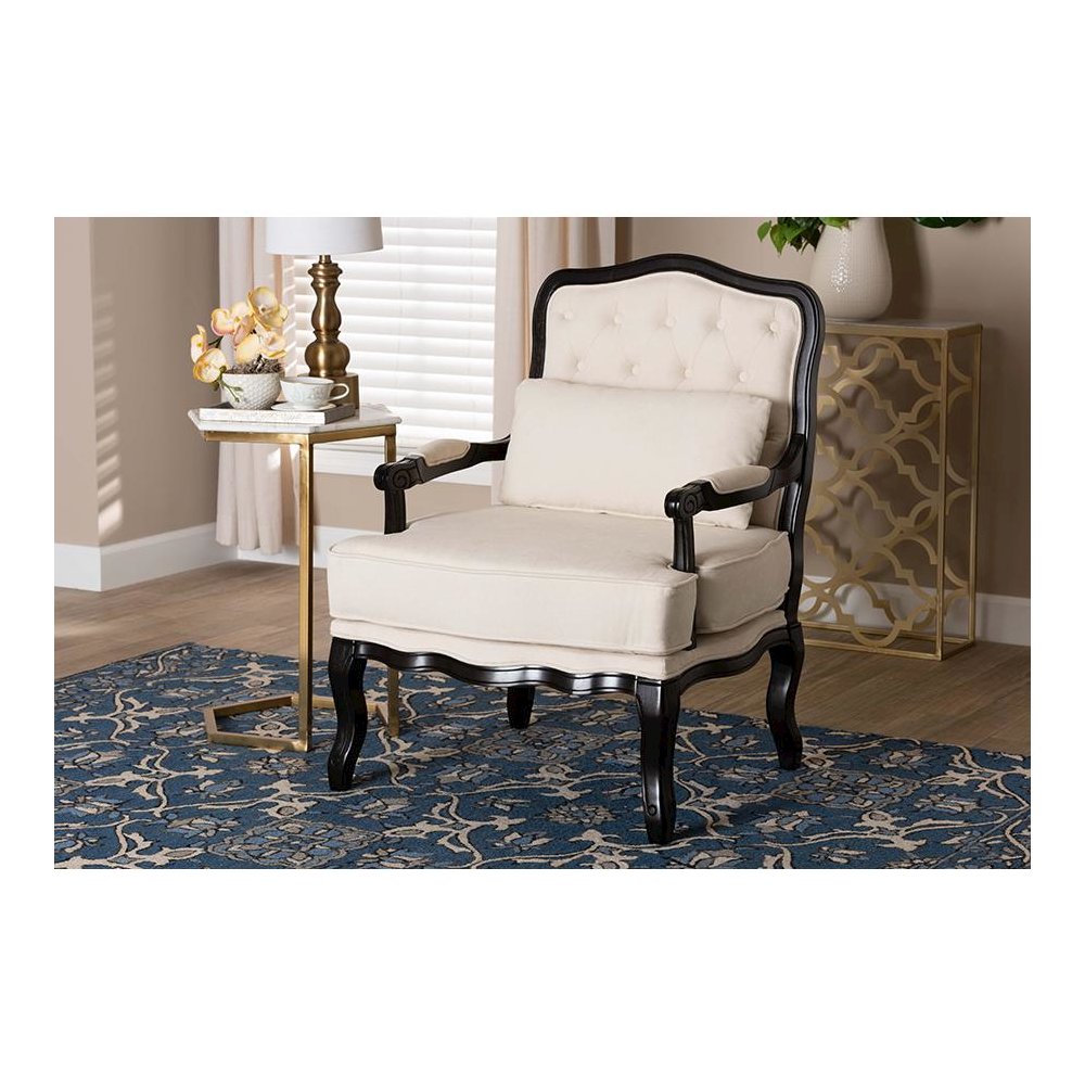 Dion Traditional French Cream Fabric and Wenge Brown Finished Wood Accent Chair
