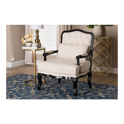 Dion Traditional French Cream Fabric and Wenge Brown Finished Wood Accent Chair