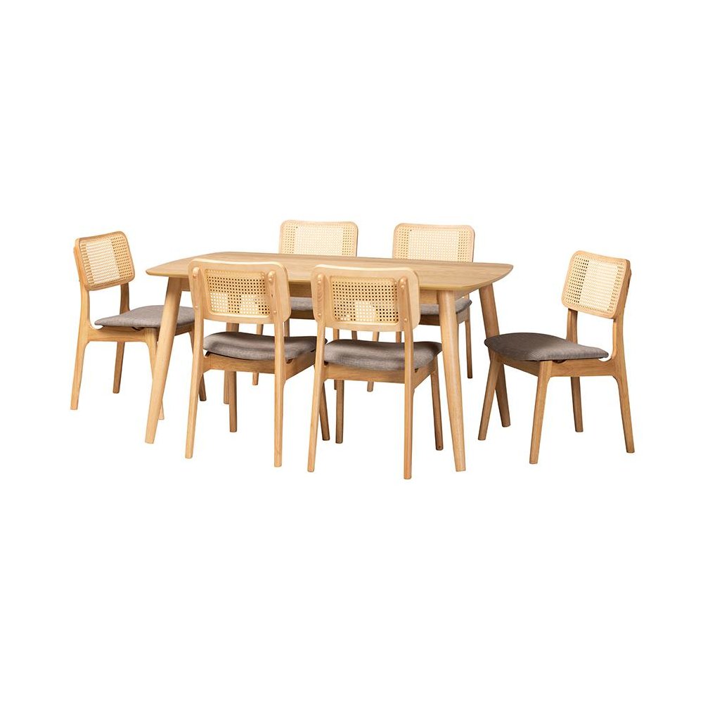 Grey Fabric and Natural Oak Finished Wood 7-Piece Dining Set