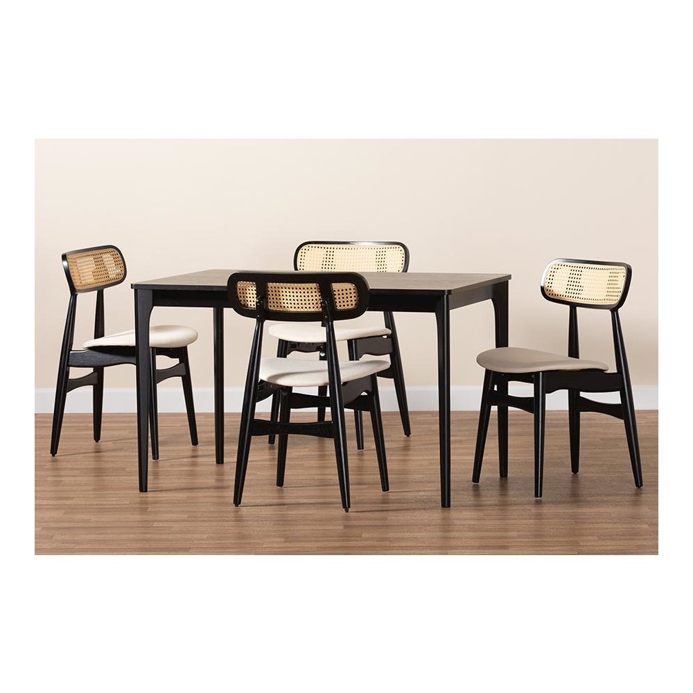 Cream Fabric and Black Finished Wood 5-Piece Dining Set
