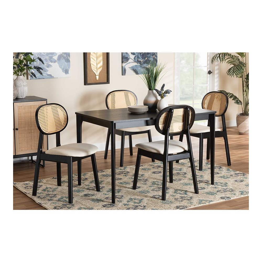 Cream Fabric and Black Finished Wood 5-Piece Dining Set
