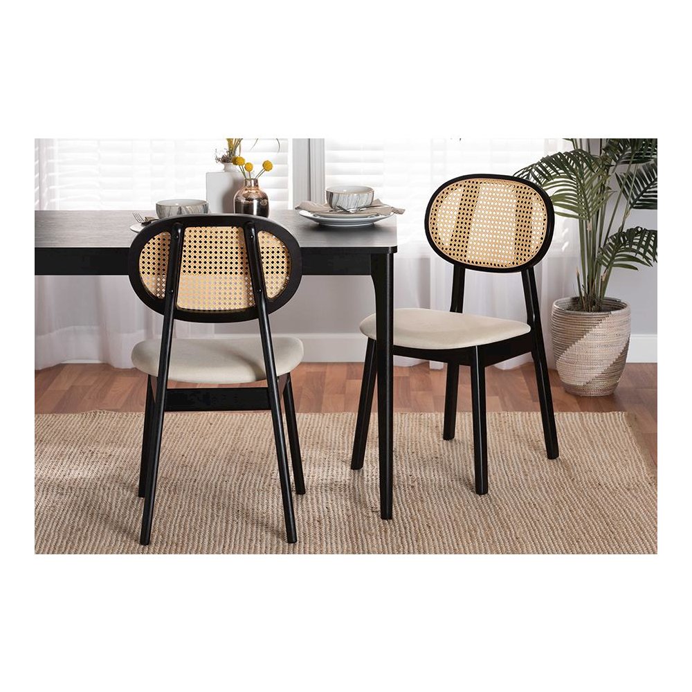Cream Fabric and Black Finished Wood 2-Piece Dining Chair Set