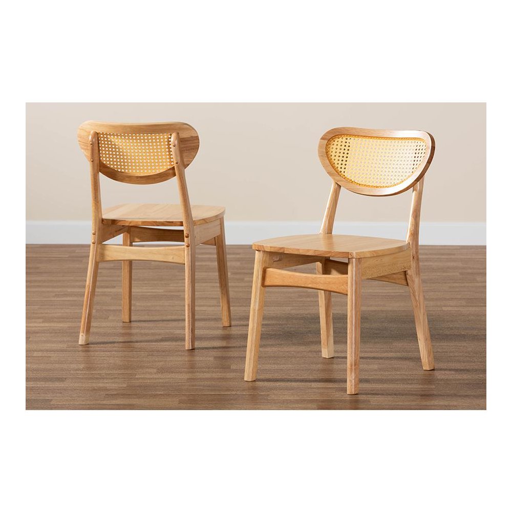 Oak Brown Finished Wood and Rattan 2-Piece Dining Chair Set