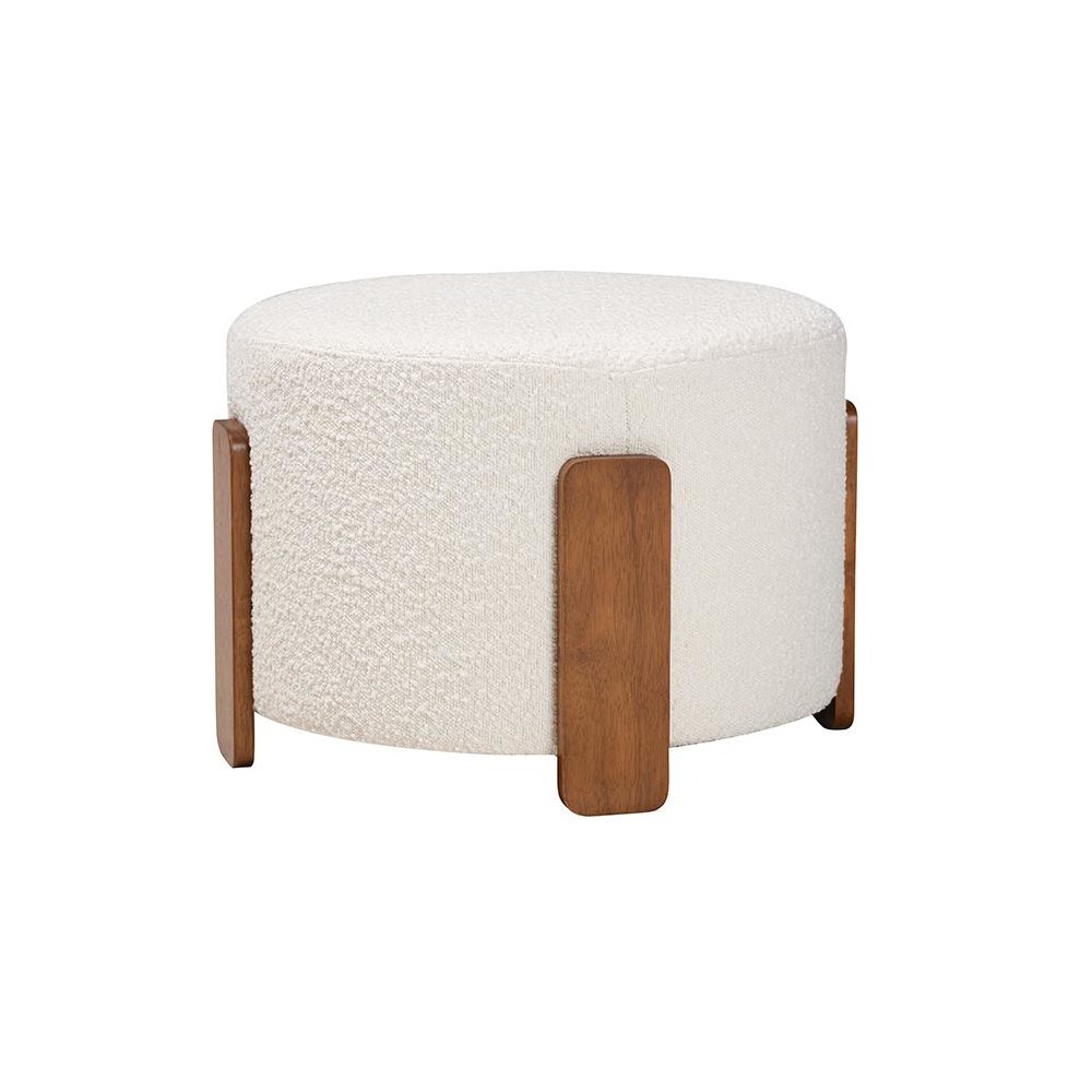 Japandi Cream Boucle Fabric and Walnut Brown Finished Wood Ottoman Footstool