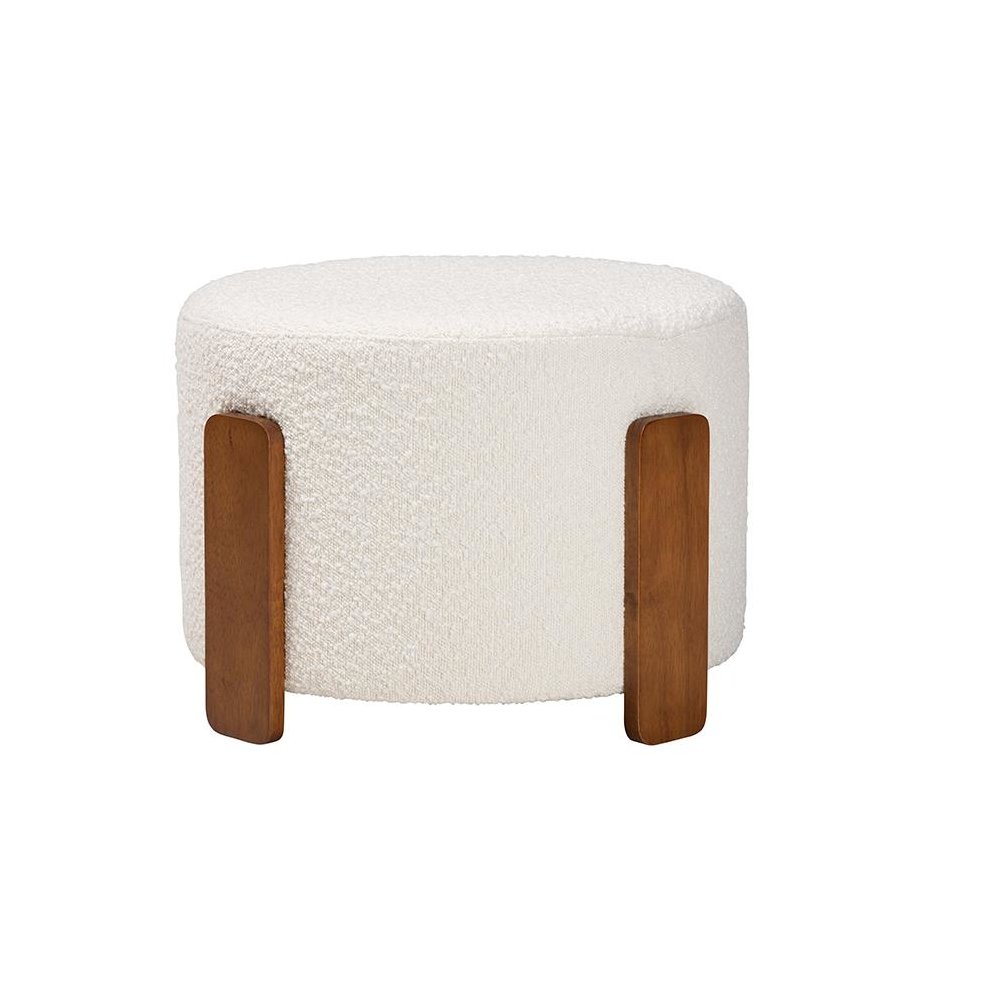 Japandi Cream Boucle Fabric and Walnut Brown Finished Wood Ottoman Footstool