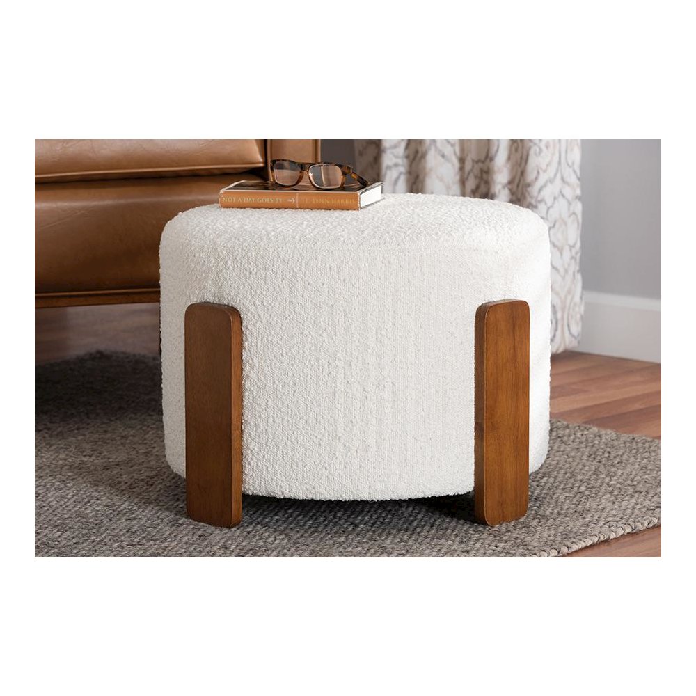 Japandi Cream Boucle Fabric and Walnut Brown Finished Wood Ottoman Footstool