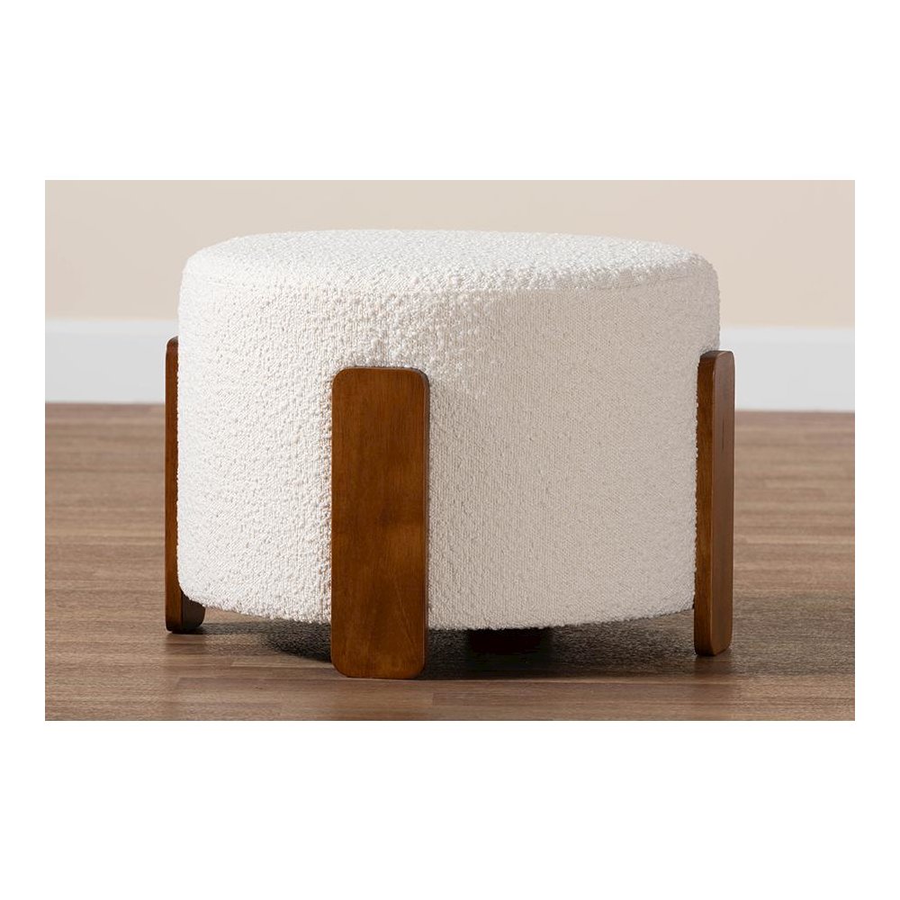 Japandi Cream Boucle Fabric and Walnut Brown Finished Wood Ottoman Footstool