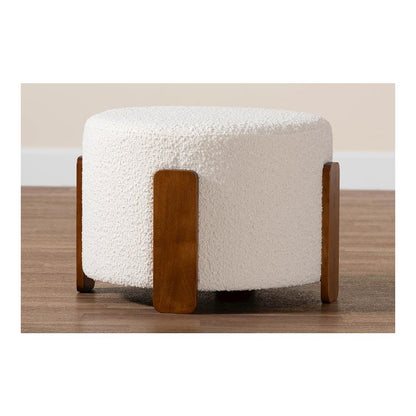 Japandi Cream Boucle Fabric and Walnut Brown Finished Wood Ottoman Footstool