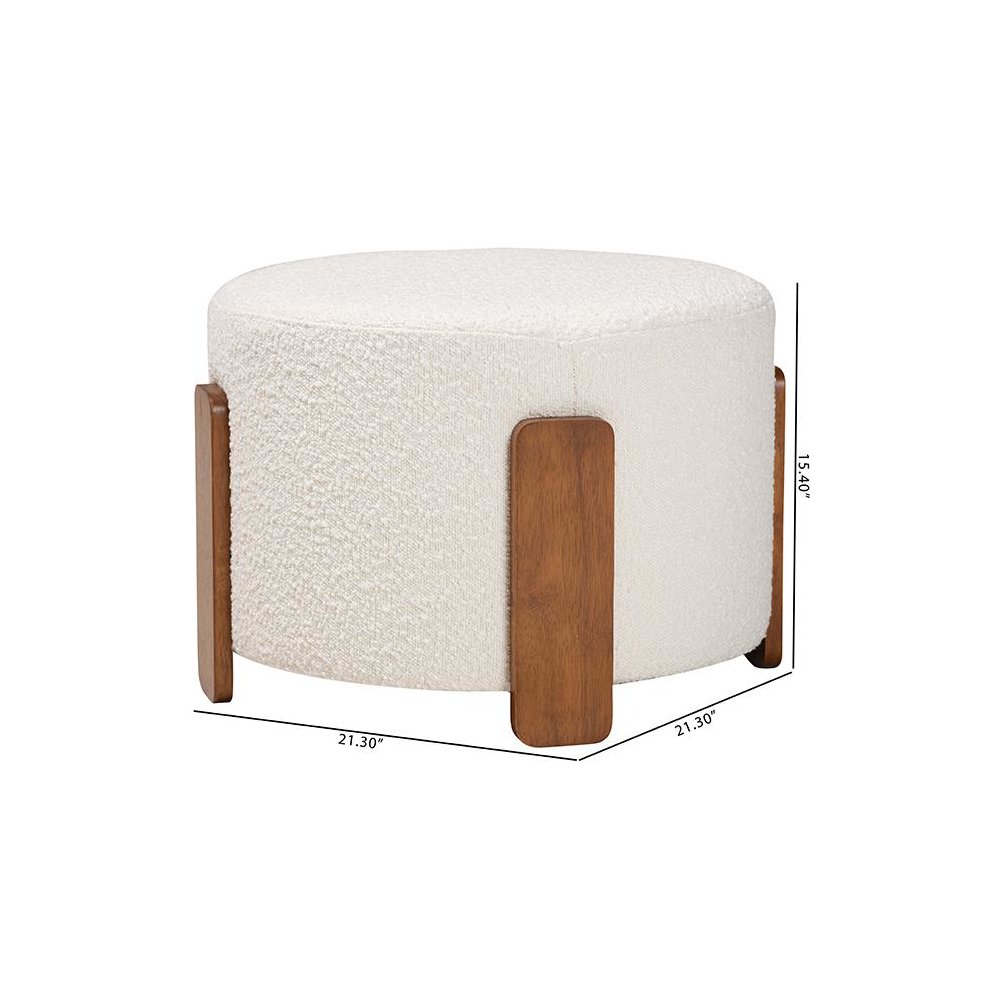 Japandi Cream Boucle Fabric and Walnut Brown Finished Wood Ottoman Footstool