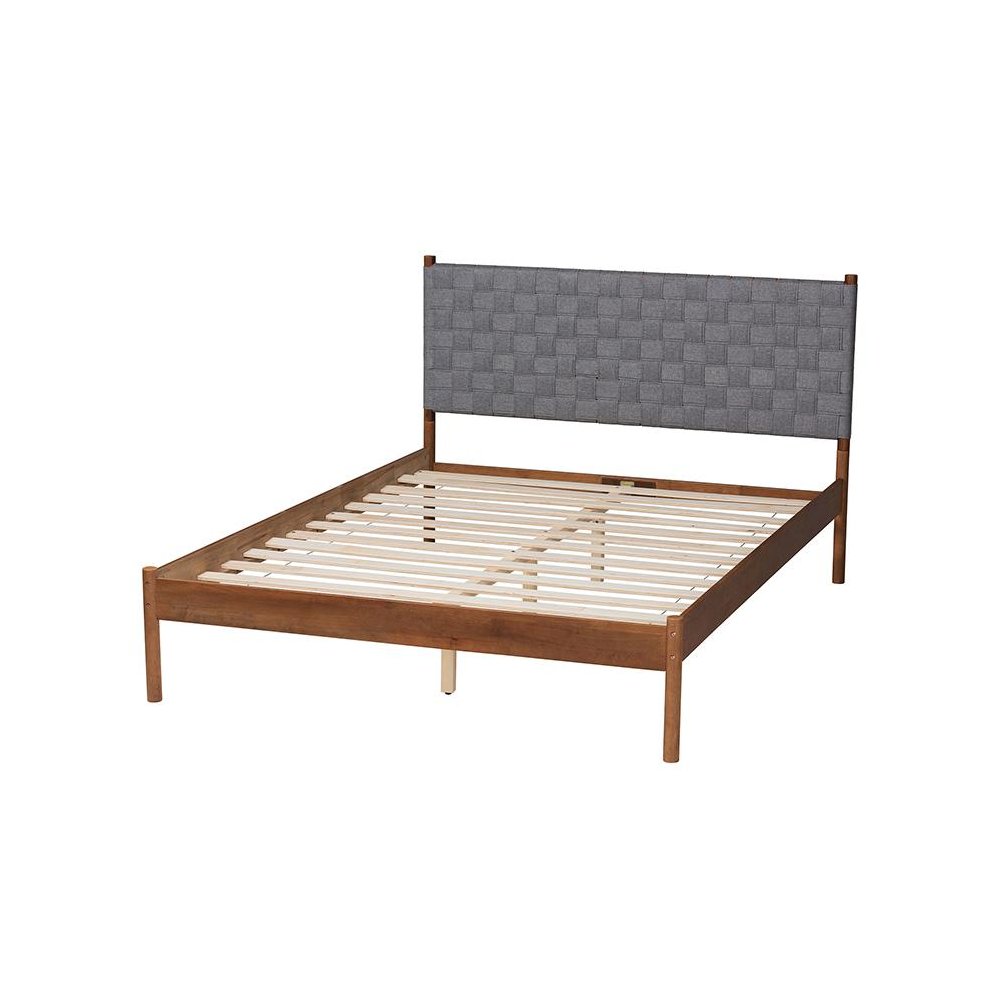 Modern Grey Woven Fabric and Walnut Brown Wood Queen Size Platform Bed
