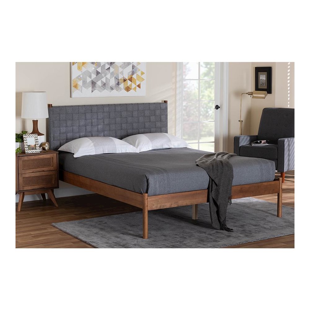 Modern Grey Woven Fabric and Walnut Brown Wood Queen Size Platform Bed