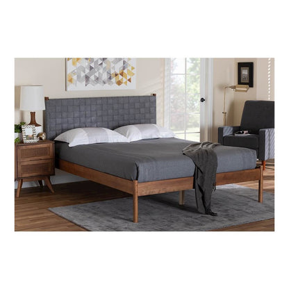 Modern Grey Woven Fabric and Walnut Brown Wood Queen Size Platform Bed