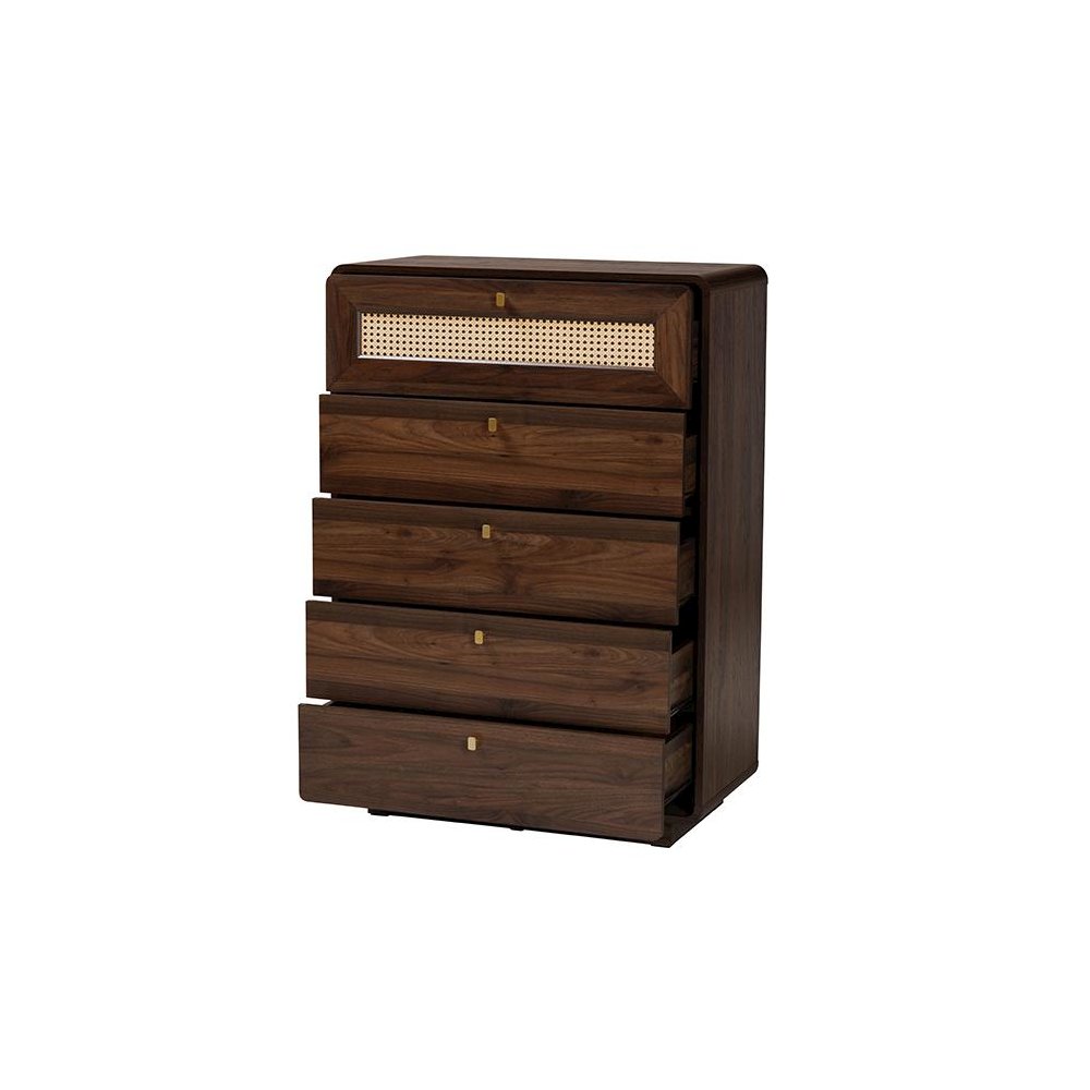 Jenibelle Classic Walnut Brown Wood 5-Drawer Chest with Rattan Drawer