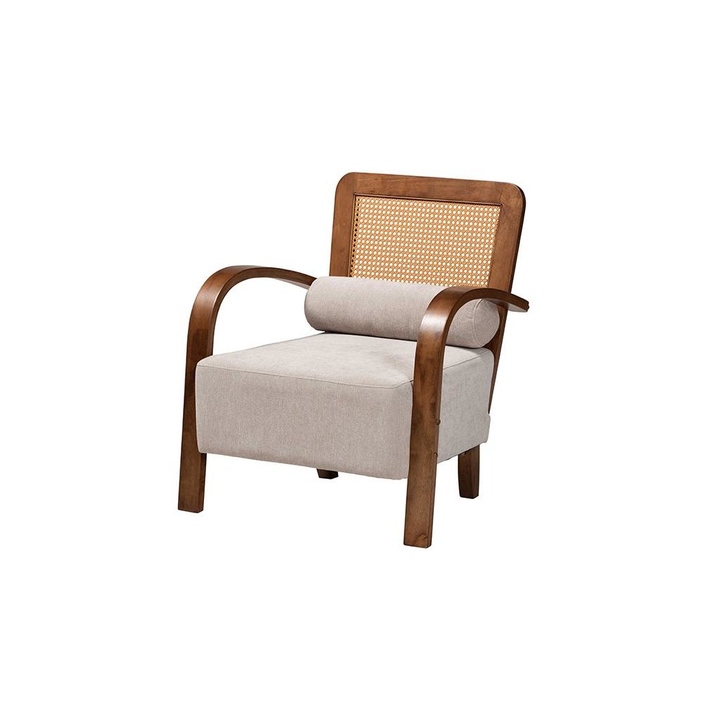 Modern Japandi Light Grey Fabric and Walnut Brown Finished Wood Arm Chair