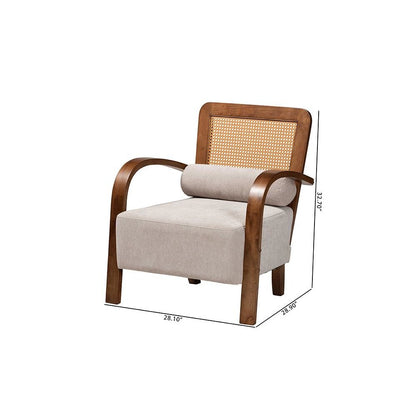 Modern Japandi Light Grey Fabric and Walnut Brown Finished Wood Arm Chair