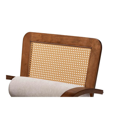 Modern Japandi Light Grey Fabric and Walnut Brown Finished Wood Arm Chair