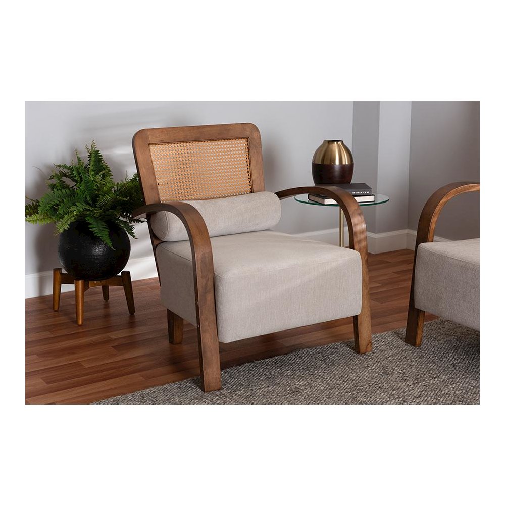 Modern Japandi Light Grey Fabric and Walnut Brown Finished Wood Arm Chair