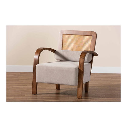 Modern Japandi Light Grey Fabric and Walnut Brown Finished Wood Arm Chair