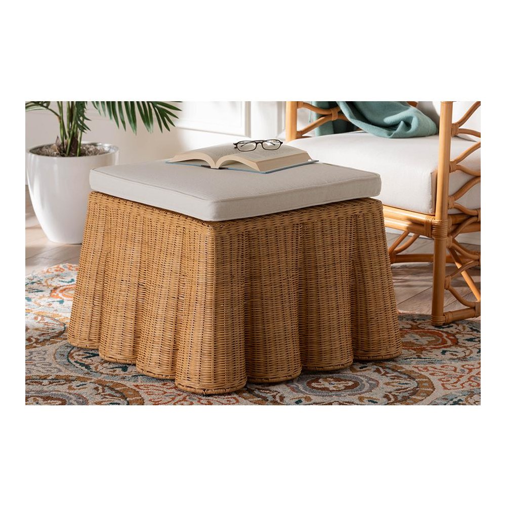 Palm Bohemian Honey Scallop Rattan Ottoman