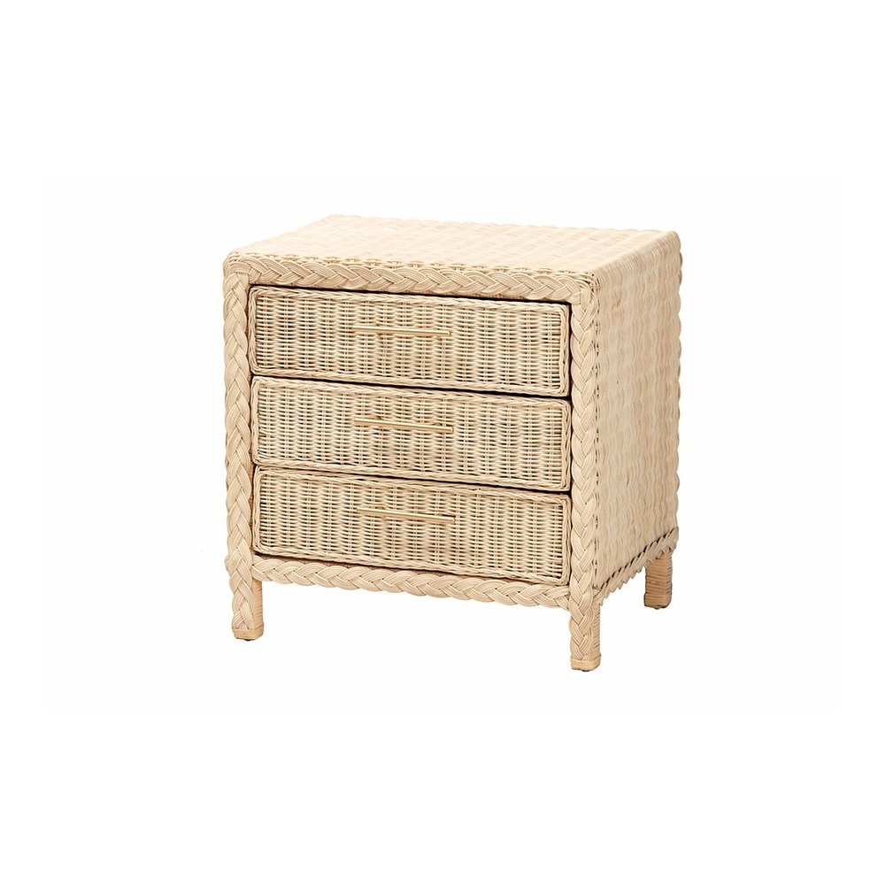 Lanica Japandi Sun Bleached Rattan 3-Drawer Nightstand