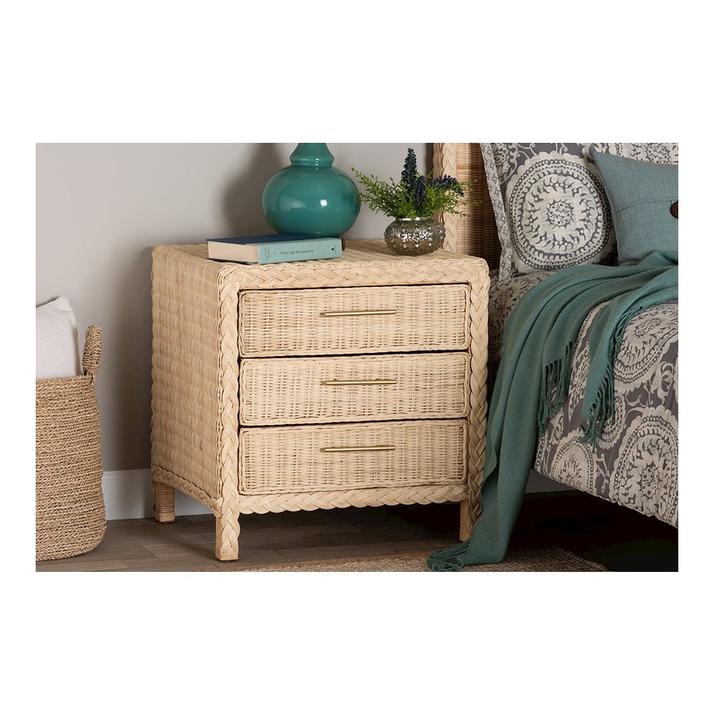 Lanica Japandi Sun Bleached Rattan 3-Drawer Nightstand