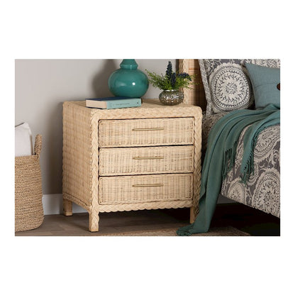 Lanica Japandi Sun Bleached Rattan 3-Drawer Nightstand
