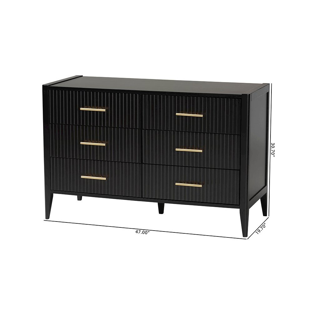 Primrose Mid-Century Black Fluted Wood 6-Drawer Dresser
