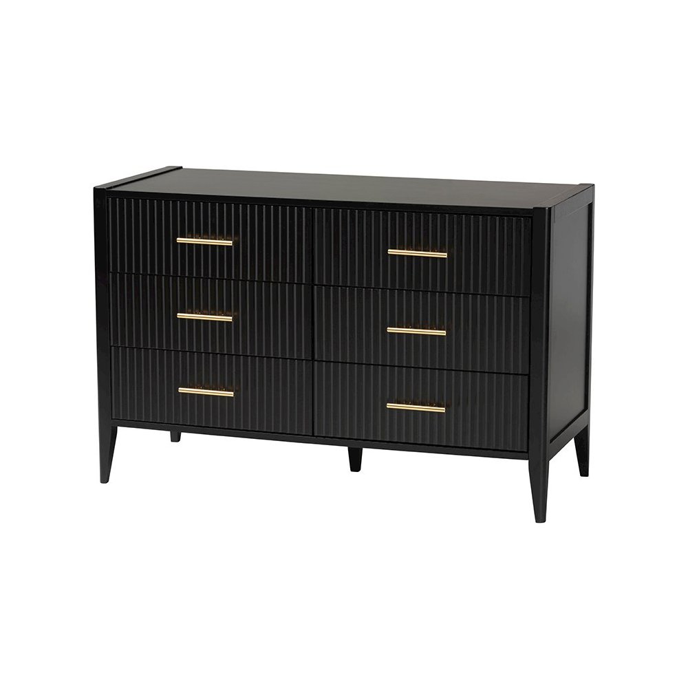 Primrose Mid-Century Black Fluted Wood 6-Drawer Dresser