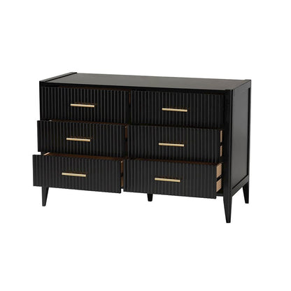 Primrose Mid-Century Black Fluted Wood 6-Drawer Dresser
