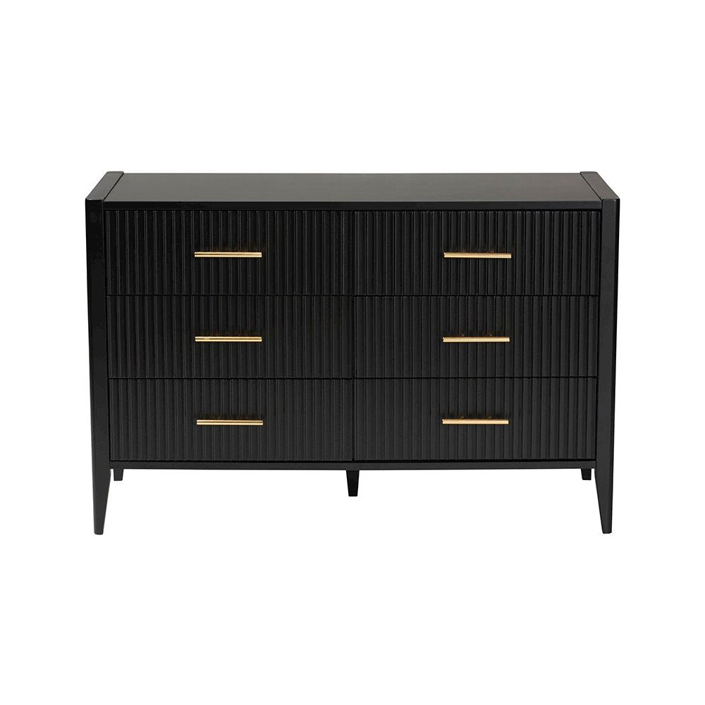 Primrose Mid-Century Black Fluted Wood 6-Drawer Dresser