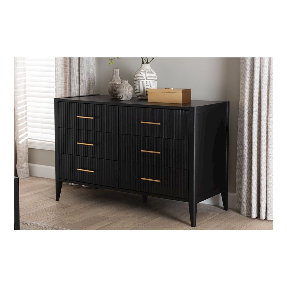 Primrose Mid-Century Black Fluted Wood 6-Drawer Dresser