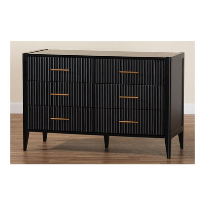Primrose Mid-Century Black Fluted Wood 6-Drawer Dresser