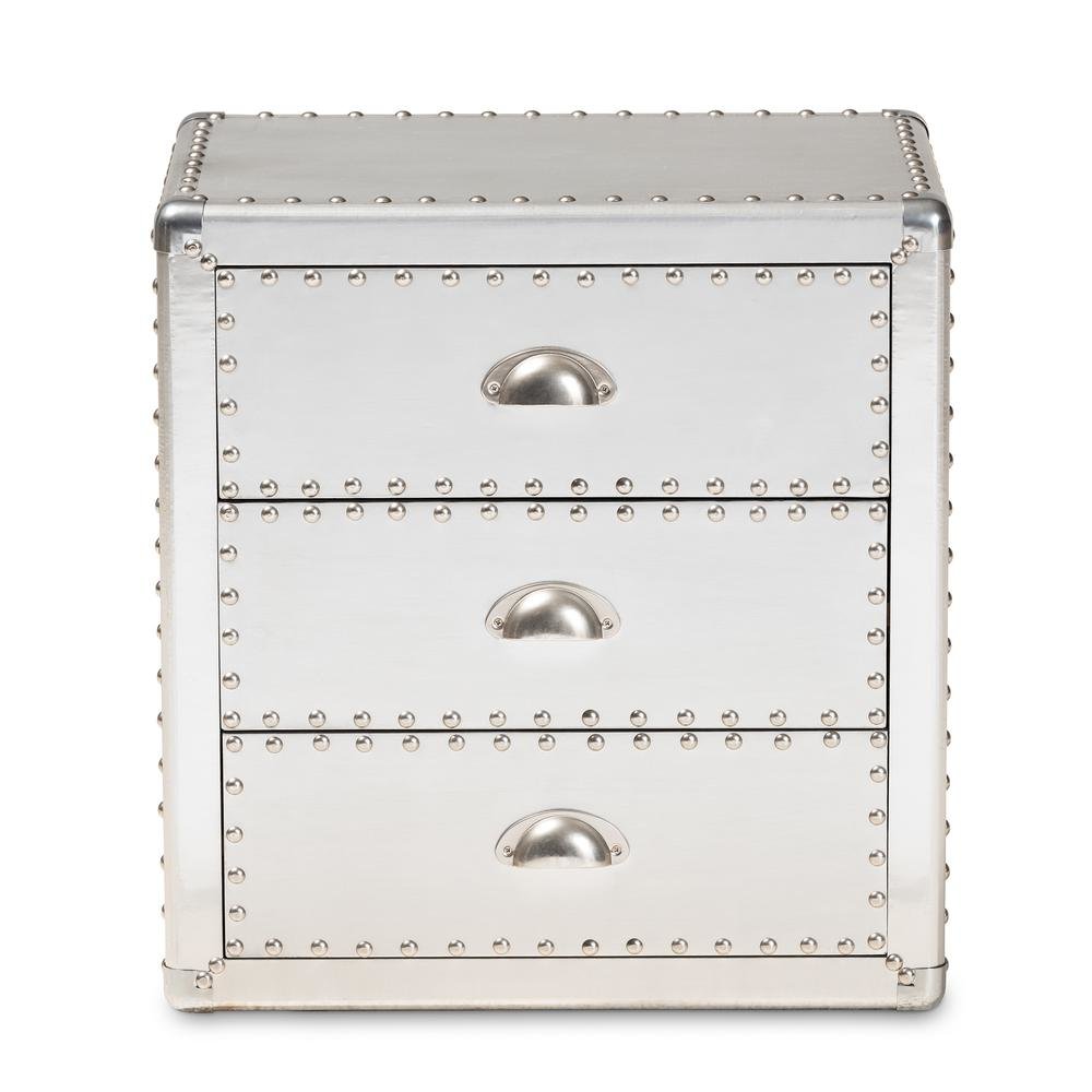 Baxton Studio Armel French Industrial Silver Metal 3-Drawer Nightstand
