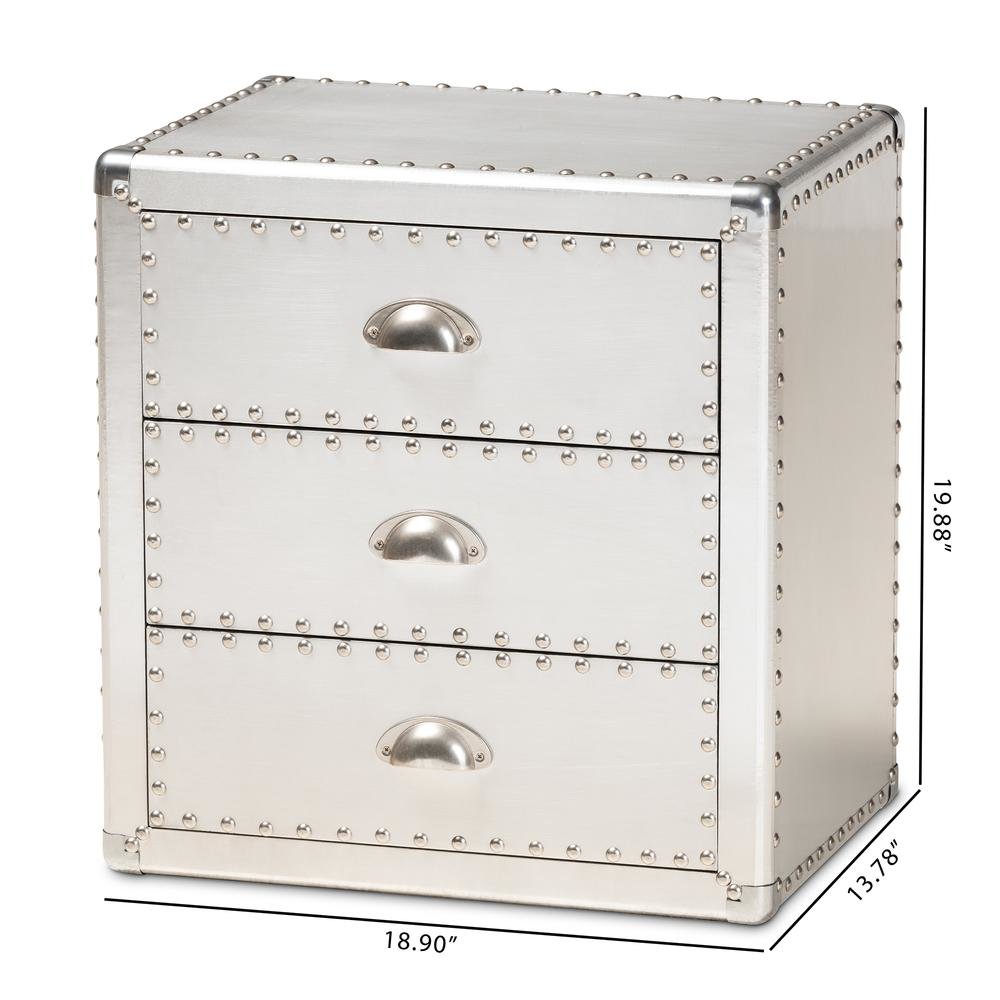 Baxton Studio Armel French Industrial Silver Metal 3-Drawer Nightstand