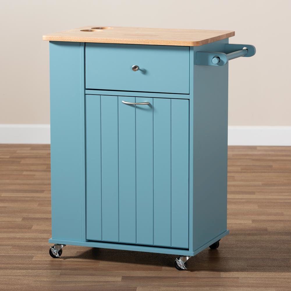 Liona Modern and Contemporary Sky Blue Finished Wood Kitchen Storage Cart