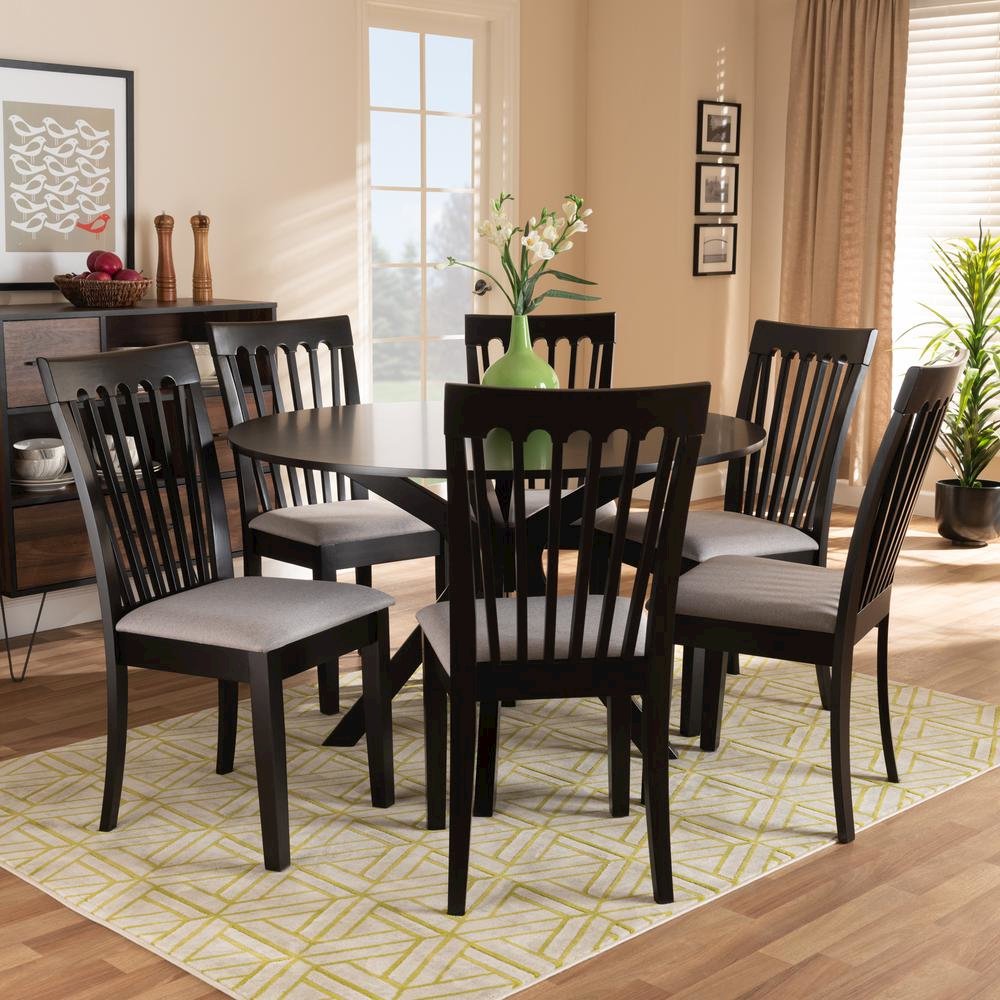 Grey Fabric Upholstered and Dark Brown Finished Wood 7-Piece Dining Set